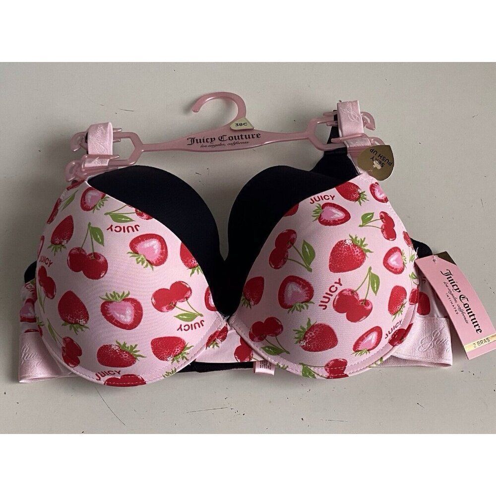 2 Pk Juicy Couture Bra Sz 38C SEXY Push Up JC7901 Cherries Strawberries Pink NEW